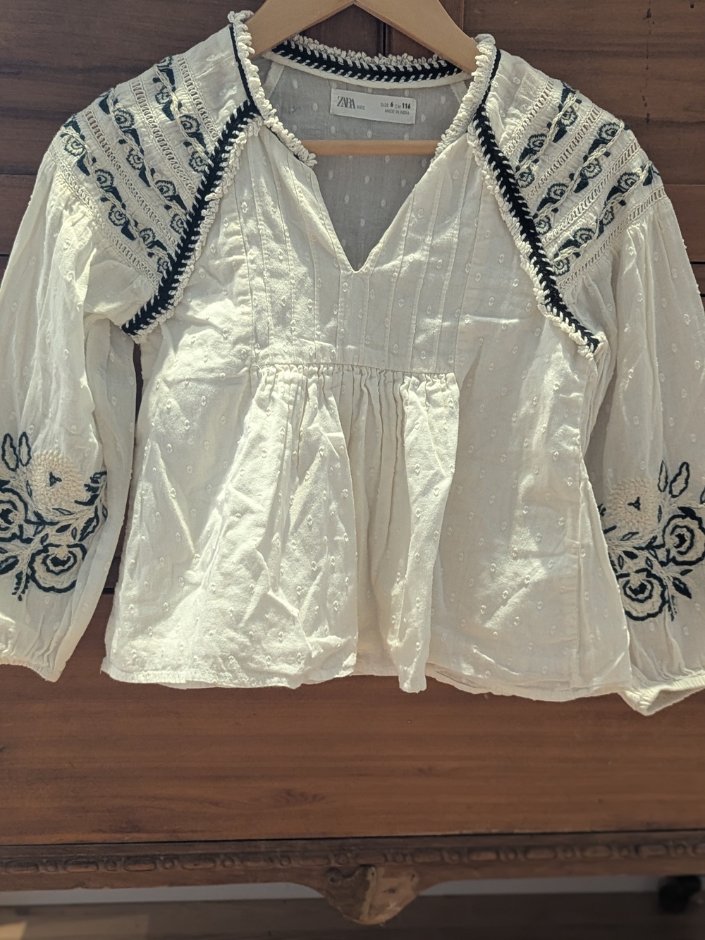 Zara White Peasant Top with Navy Embroidery